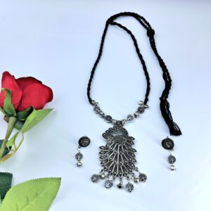 Oxidised Silver Peacock Pendant Necklace Set – JSOX0015