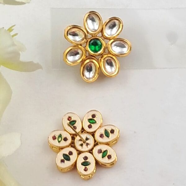 Floral Minakari Kundan Stud Earrings with Green Stone Center EAKU0008 - Image 2