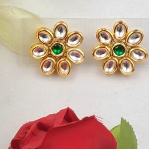 Floral Minakari Kundan Stud Earrings with Green Stone Center EAKU0008