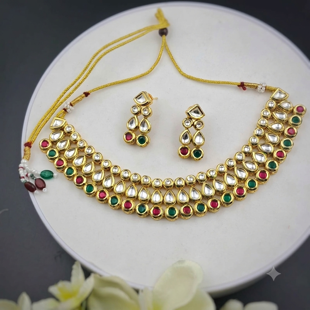 Multicolor Minakari Kundan Choker Necklace Set with Matching Earrings - JSKU0006 - Image 3