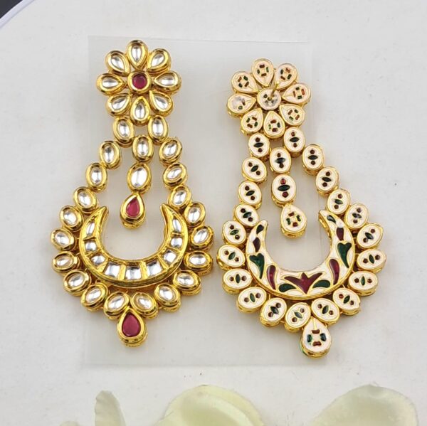 Chand Minakari Kundan Earrings with Red Stone Floral Top - EAKU0012 - Image 2