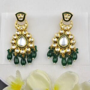 Royal Green Minakari Kundan Dangle Earrings with Pearl Detailing - EAKU0011