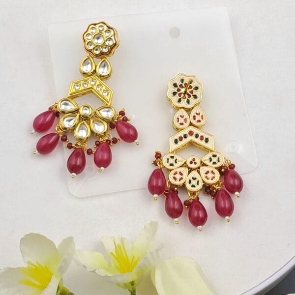 Gold-Toned Minakari Kundan Earrings with Maroon Bead Drops EAKU0010 - Image 2