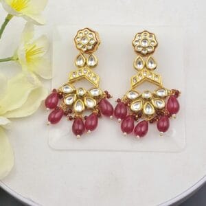 Gold-Toned Minakari Kundan Earrings with Maroon Bead Drops EAKU0010