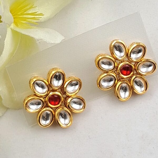 Floral Minakari Kundan Stud Earrings with Red Stone Center EAKU0009 - Image 3