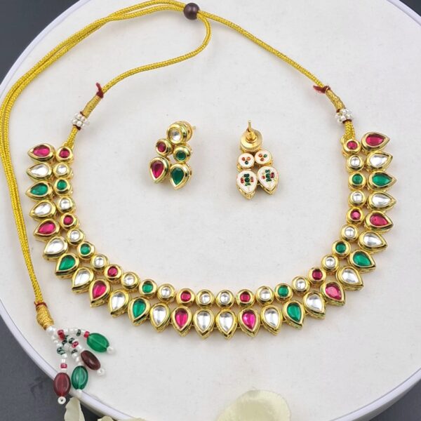 Bridal Minakari Kundan Necklace Set with Red & Green Teardrop Stones - JSKU0011