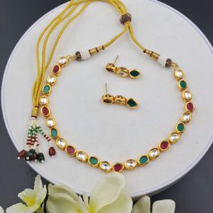 Multicolor Minakari Kundan Necklace Set with Red & Green Accents - JSKU0010