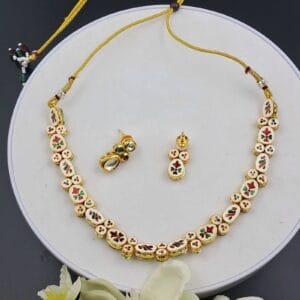 Minakari Kundan Necklace Set with Multicolor Accents – Red & Green Stone Detailing – JSKU0021
