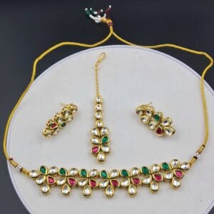 Multicolor Minakari Kundan Floral Necklace Set with Earrings & Maang Tikka - JSKU0007