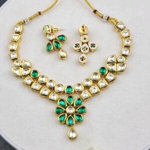 Floral Design Minakari Kundan Necklace Set with Emerald Green Detailing – JSKU0012