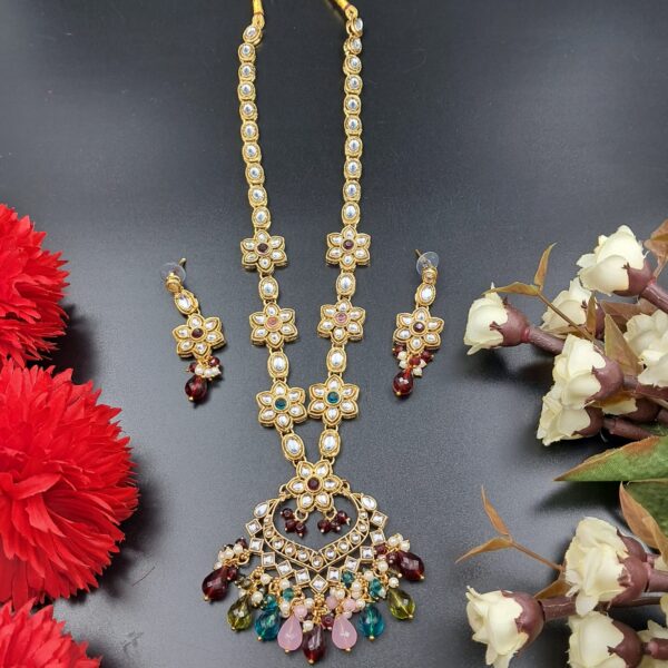 Grand Kundan Bridal Necklace Set with Colorful Beads & Floral Motif - JSKU0013