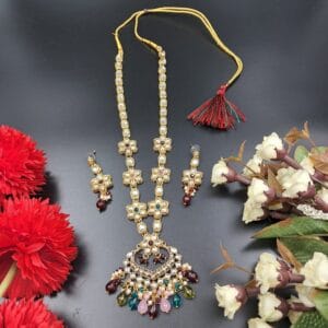 Grand Kundan Bridal Necklace Set with Colorful Beads & Floral Motif – JSKU0013