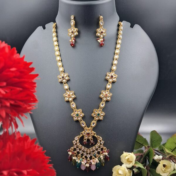 Grand Kundan Bridal Necklace Set with Colorful Beads & Floral Motif - JSKU0013 - Image 3