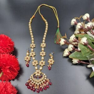 Royal Long Kundan Necklace Set with Deep Red Bead Drops & Floral Design – JSKU0015