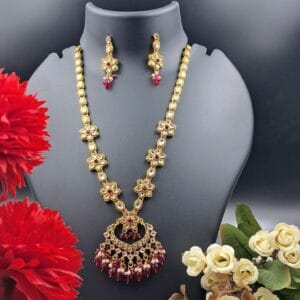Royal Long Kundan Necklace Set with Deep Red Bead Drops & Floral Design - JSKU0015