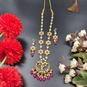 Antique Gold Finish Kundan Necklace Set with Crescent Pendant & Pink Drops – JSKU0016