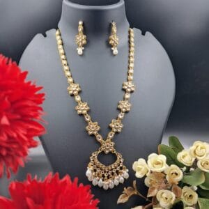 Gold-Toned Kundan Floral Necklace Set with Pearl Drops- JSKU0017