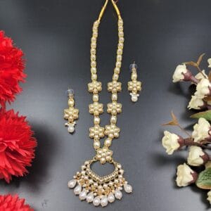 Gold-Toned Kundan Floral Necklace Set with Pearl Drops- JSKU0017