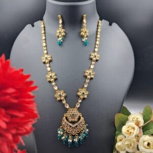 Gold-Toned Kundan Floral Necklace Set with Blue Bead Drops- JSKU0018