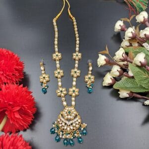 Gold-Toned Kundan Floral Necklace Set with Blue Bead Drops- JSKU0018