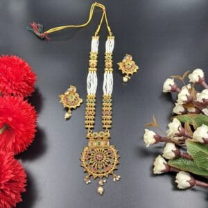 Antique Temple Jewellery Necklace Set with Pearl Strands & Earrings – JSKU0019
