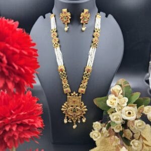 Antique Gold Temple Necklace Set with Flower Pendant & Pearl Strings - JSKU0020