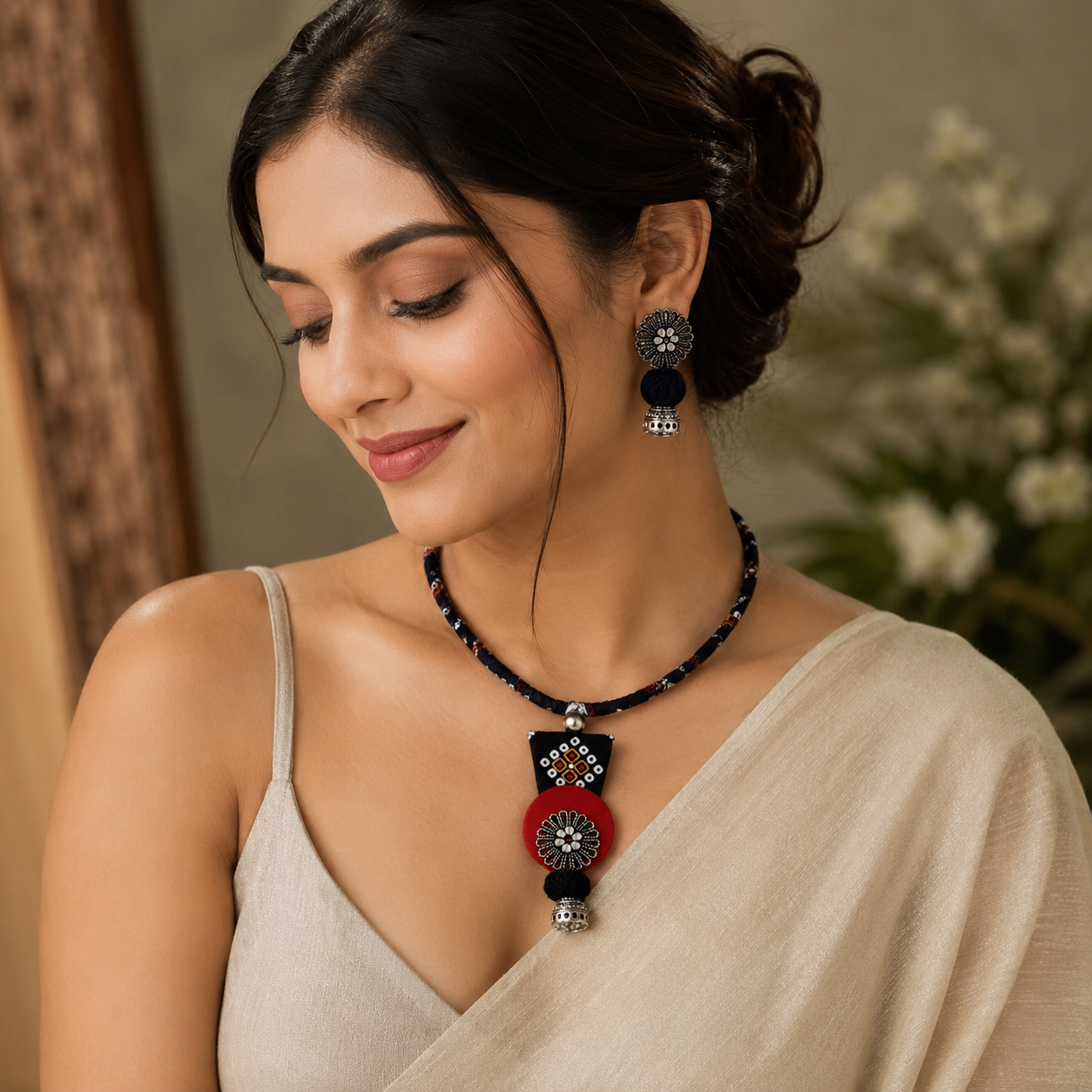 Handmade Colorful Fabric Hasli Necklace Set with Earrings - JSFA0019 - Image 10