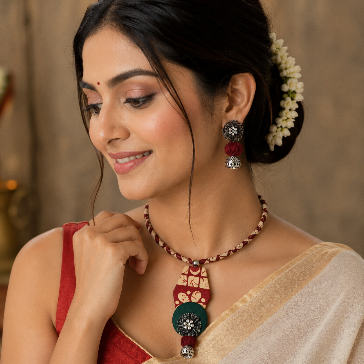 Handmade Colorful Fabric Hasli Necklace Set with Earrings - JSFA0019 - Image 12