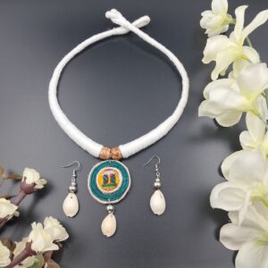 Handmade Fabric Necklace Set with Shell Drop Earrings - JSFA0018