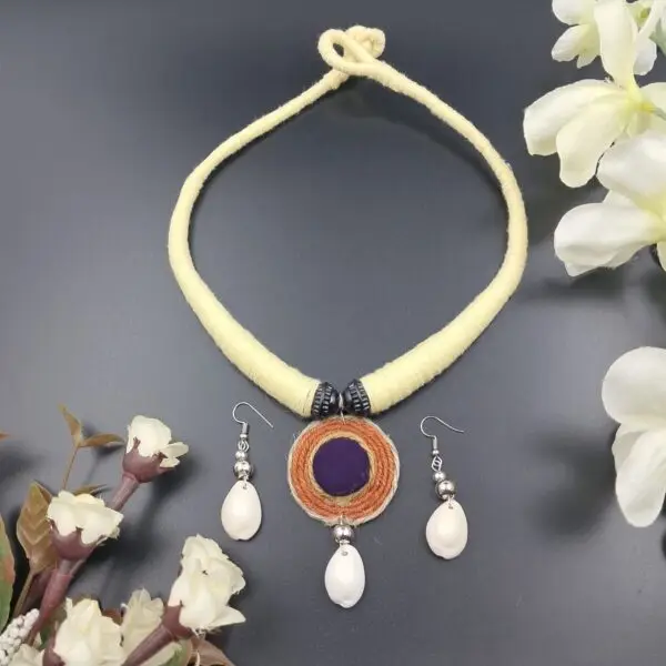 Handmade Fabric Necklace Set with Shell Drop Earrings - JSFA0018 - Image 2