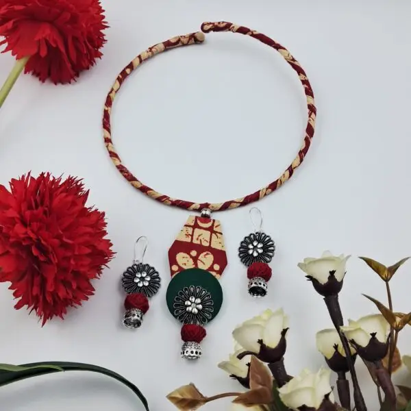Handmade Colorful Fabric Hasli Necklace Set with Earrings - JSFA0019