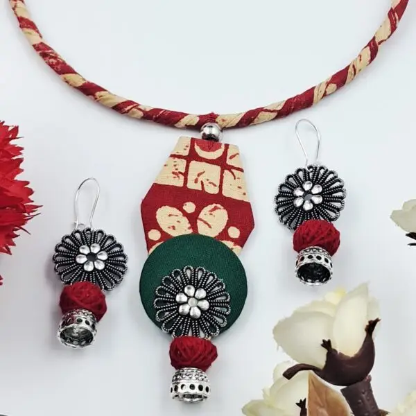Handmade Colorful Fabric Hasli Necklace Set with Earrings - JSFA0019 - Image 7