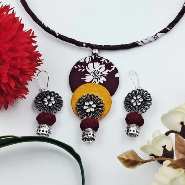 Handmade Colorful Fabric Hasli Necklace Set with Earrings - JSFA0019 - Image 5