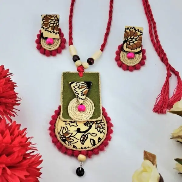Handmade Pink Thread Necklace Set with Earrings - JSFA0020