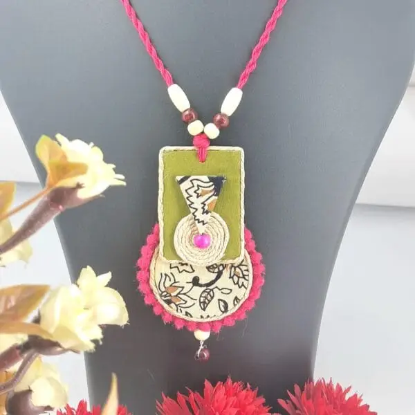 Handmade Pink Thread Necklace Set with Earrings - JSFA0020 - Image 2