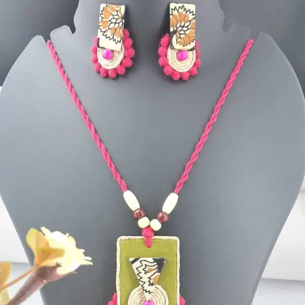 Handmade Pink Thread Necklace Set with Earrings - JSFA0020 - Image 3