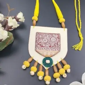 handmade yellow thread necklace set, green and yellow ethnic jewelry, fabric pendant necklace with earrings, festive handmade jeweJS