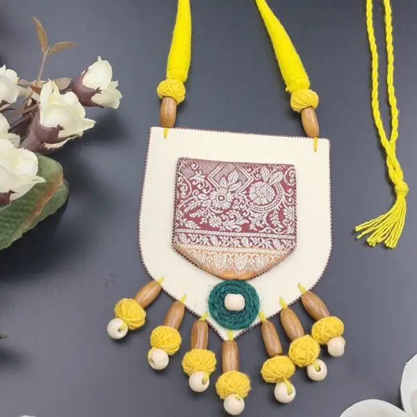 handmade yellow thread necklace set, green and yellow ethnic jewelry, fabric pendant necklace with earrings, festive handmade jeweJS - Image 2