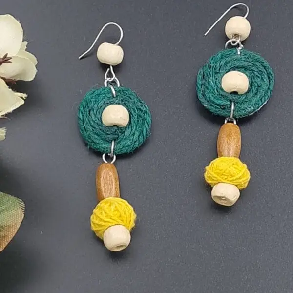 handmade yellow thread necklace set, green and yellow ethnic jewelry, fabric pendant necklace with earrings, festive handmade jeweJS - Image 3