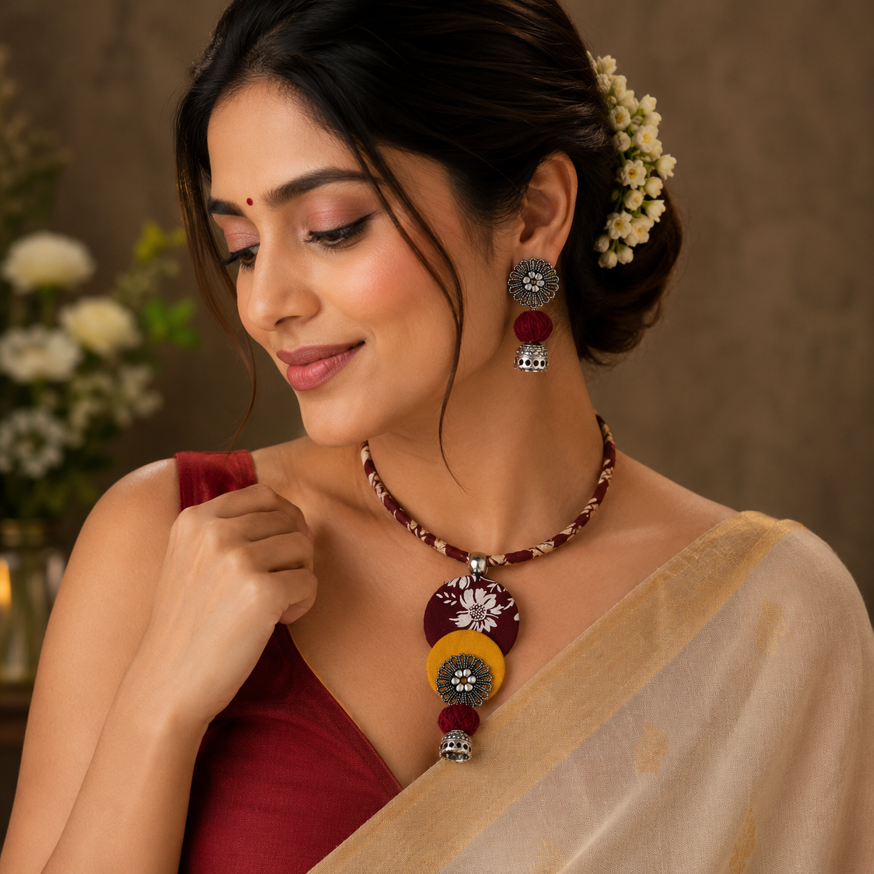 Handmade Colorful Fabric Hasli Necklace Set with Earrings - JSFA0019 - Image 11