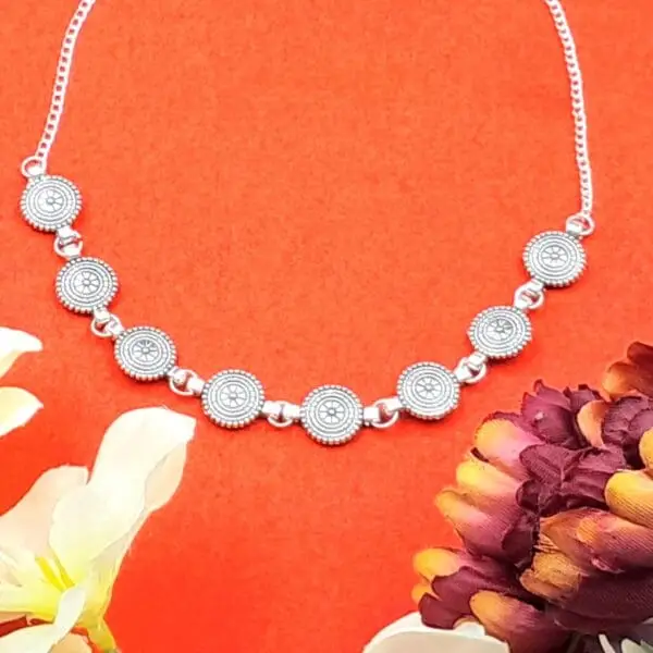Oxidized Silver Plated Necklace with Round Floral Motifs - NEOX0010 - Image 3