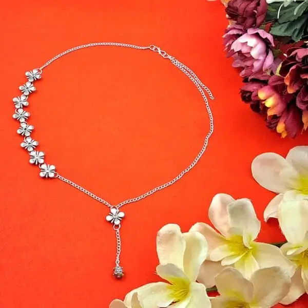 Oxidized Silver Floral Chain Necklace - NEOX0011