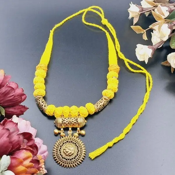 Handmade Yellow Thread Necklace with Antique Gold Pendant - NEOX0012