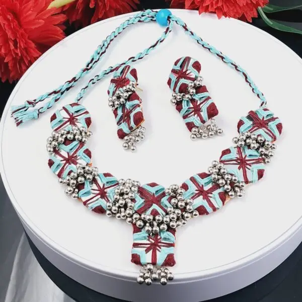 Handmade Maroon & Sky Blue Thread Necklace Set with Earrings - JSMI0008