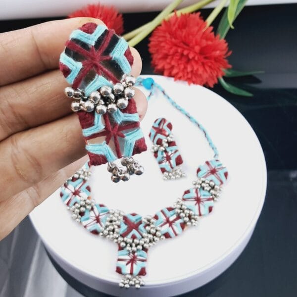Handmade Maroon & Sky Blue Thread Necklace Set with Earrings - JSMI0008 - Image 2