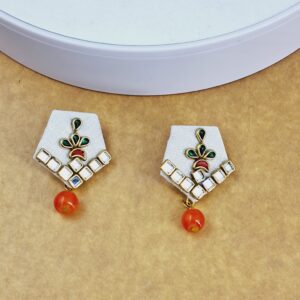 Elegant White Kundan Earrings with Orange Bead Drop EAFA0037