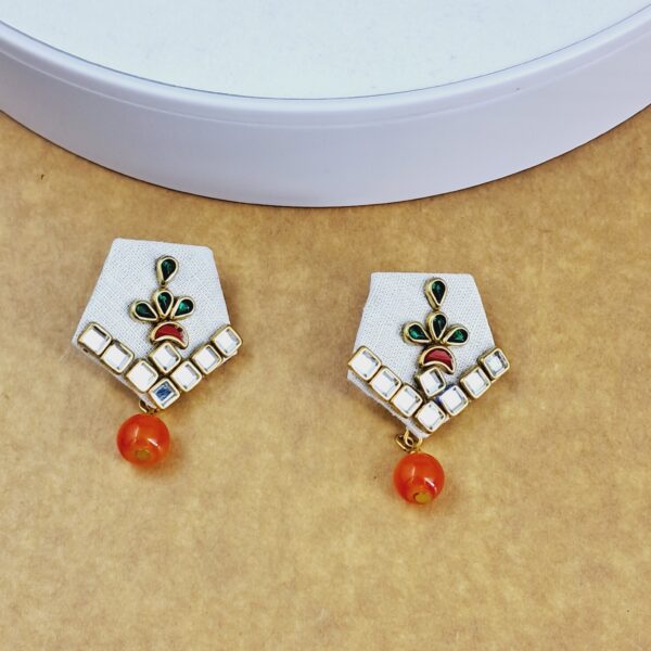 Elegant White Kundan Earrings with Orange Bead Drop EAFA0037