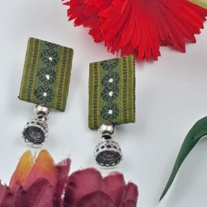 Green Sambalpuri-Fabric Earrings with Silver Dome Charm- EAFA0040