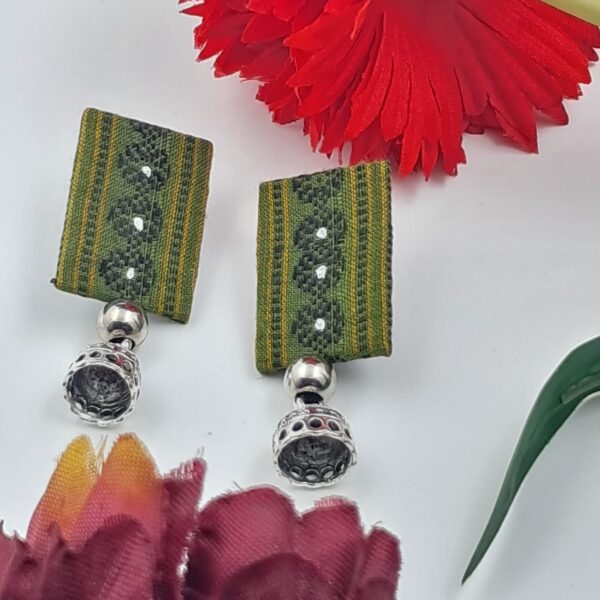 Green Sambalpuri-Fabric Earrings with Silver Dome Charm- EAFA0040