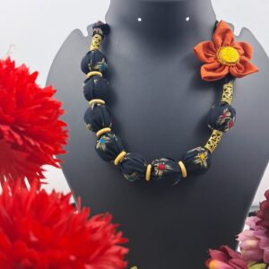 Handcrafted Fabric Bead Necklace with Orange Flower Accent – NEFA0004
